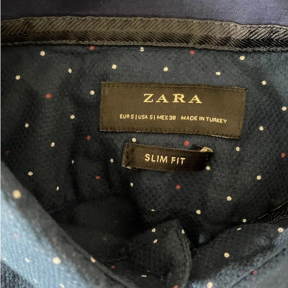 Zara Mens Shirt S Slim Fit Blue‎ Dots Button Up Preppy Travel Office Academia
